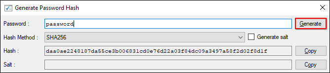 Generate password hash Generate Password Hash dialog
